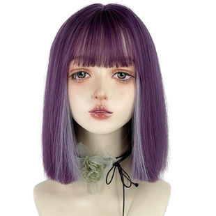 紫色假发亚文化一刀切锁骨发女全头套y2k朋克彩挑染挂耳染中长直