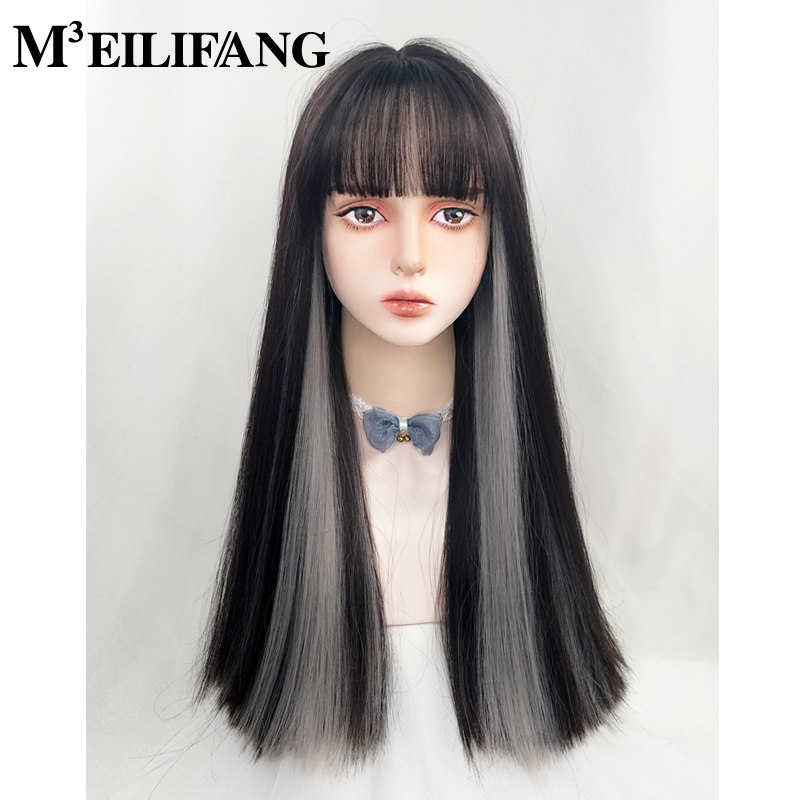 巴黎画染黑白挑染假发挂耳染全头套女辣妹y2k哥特暗黑朋克长直发