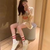 小红书潮袜R123米色中筒袜条纹数字棉高街配FOG卫衣小腿袜子女