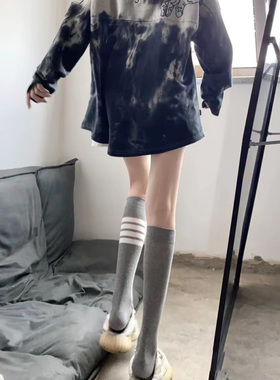 灰色小腿袜子女春夏长袜棉过膝堆堆袜四条杠中筒袜条纹运动长筒袜