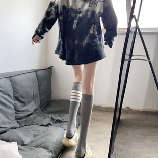 灰色小腿袜子女春夏长袜棉过膝堆堆袜四条杠中筒袜条纹运动长筒袜