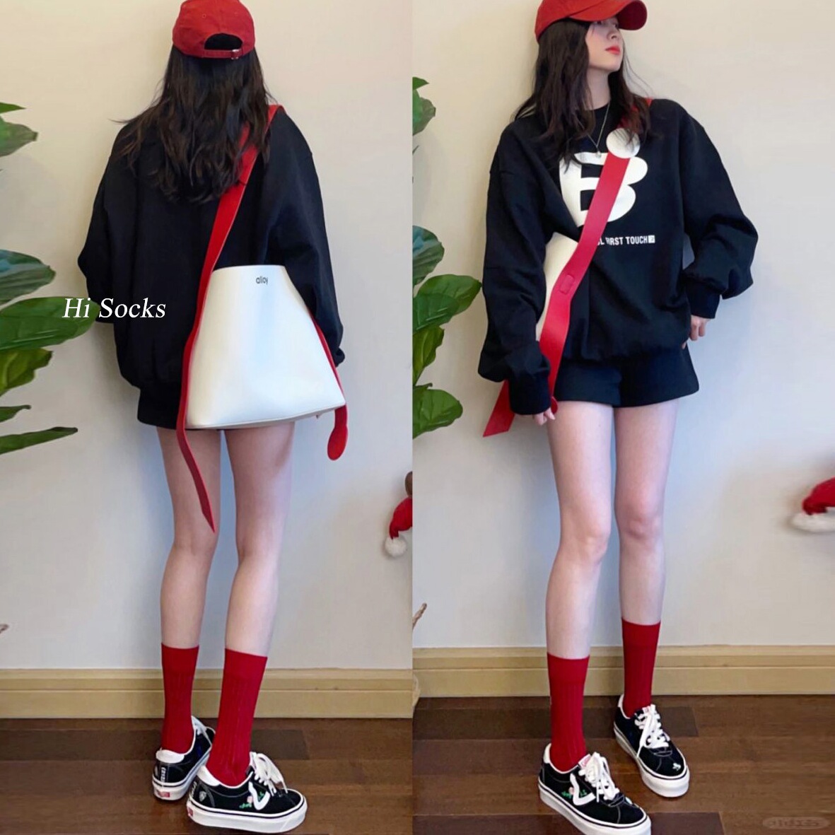 酒红色立体条纹长筒袜显瘦小腿袜