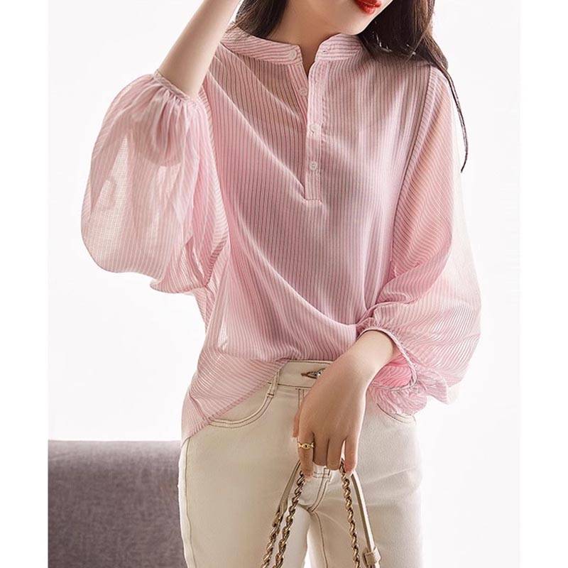 DISCOUNT CUT LABEL EXPORT LUXURY BRAND WITHDRAWAL HIGH-END TAIL GOODS STRIPED STAND-UP COLLAR SHIRT PUFF SLEEVE CHIFFON TOP WOMEN