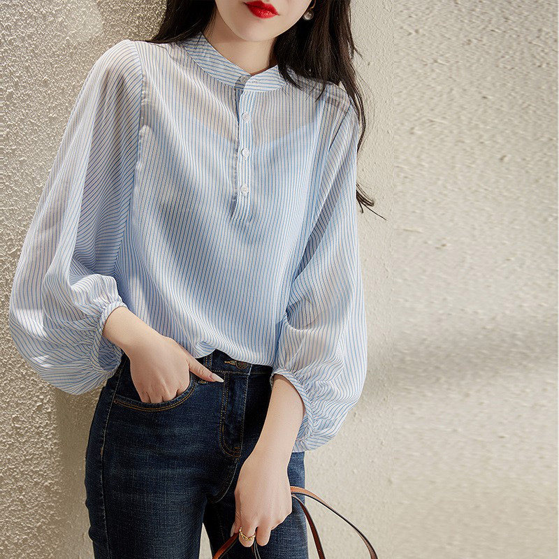DISCOUNT CUT LABEL EXPORT LUXURY BRAND WITHDRAWAL HIGH-END TAIL GOODS STRIPED STAND-UP COLLAR SHIRT PUFF SLEEVE CHIFFON TOP WOMEN