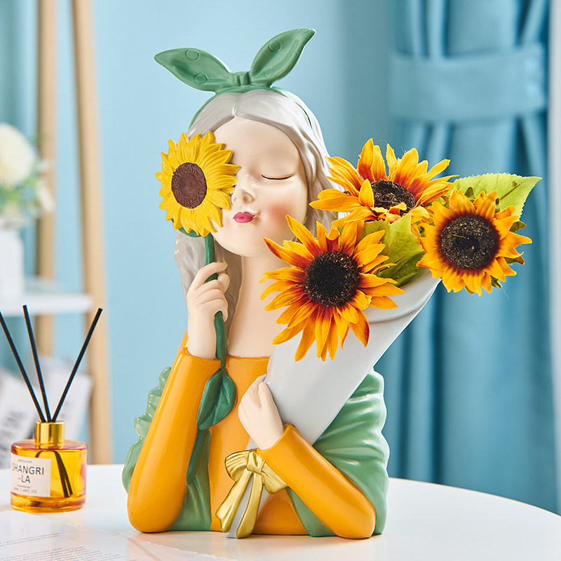 北欧风抱捧花女孩花瓶摆件客厅玄关卧室餐桌创意插花电视柜装饰品