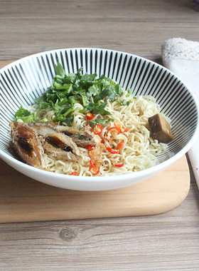 昆骆陶瓷万丈光芒韩式浅碗黑色条纹线纹面碗汤碗喇叭碗