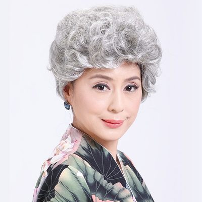 中老年人花白假发慈祥妈妈短卷发表演系假发老奶奶灰白整体发套女