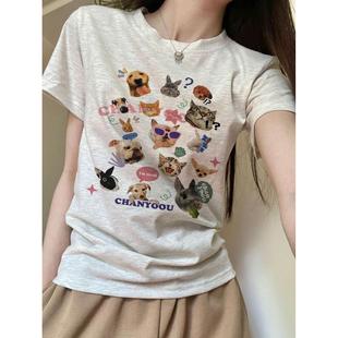 纯棉新款 t恤女学生猫狗印花ins潮流 正肩圆领收腰设计上衣修身 短袖