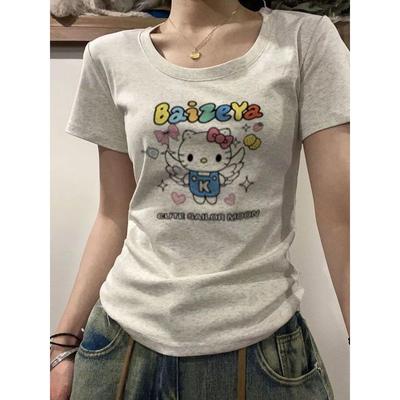 纯棉新款正肩圆领上衣修身夏季t恤短袖t恤女简约风纯欲百搭ins潮