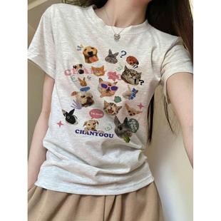 甜美t恤女学生猫狗印花ins 纯棉新款 正肩圆领打底衫 上衣修身 短袖