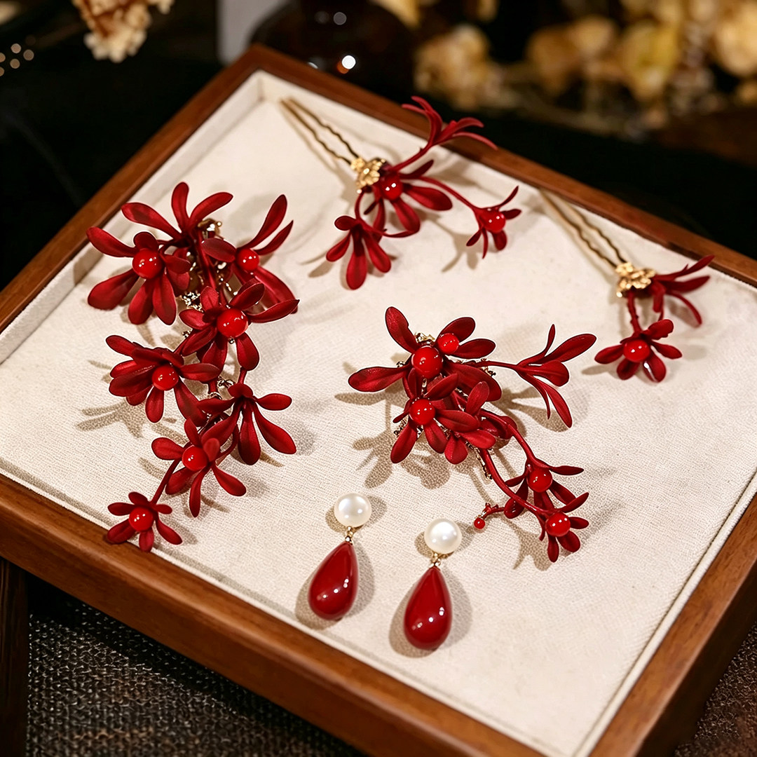 新中式红色仿真花新娘敬酒头饰图片