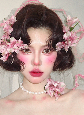 甜美森系减龄新娘粉色花朵发饰