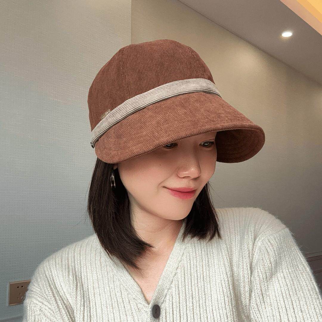 灯芯绒鸭舌帽子女秋冬季新款百搭时尚加厚保暖护耳显脸小渔夫帽