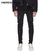 潮 小脚牛仔裤 HS高品质22FW DENIM纯黑色不露皮磨损破坏弹力修身