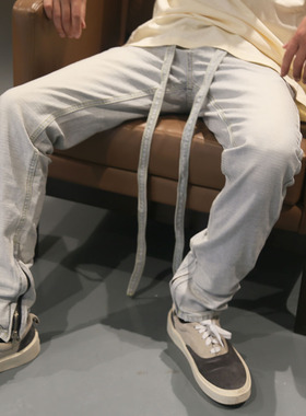 FOG高品质6TH浅蓝色抽绳飘带修身小直筒做旧反水洗侧拉链牛仔裤潮