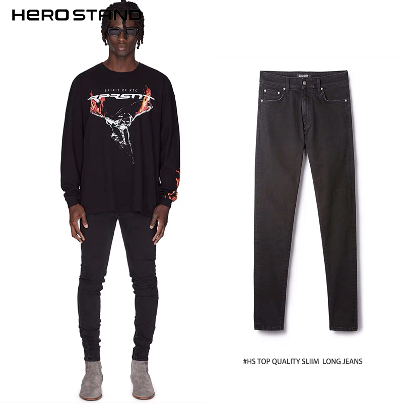 #HS高品质22FW DENIM 纯黑色修身弹力基础款无破坏小脚牛仔长裤潮