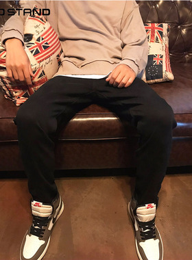 HS新品质纯黑色基础款修身百搭显高显瘦水洗棉弹力九分牛仔裤潮男