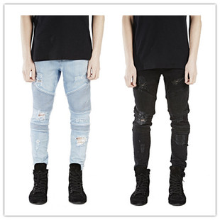 弹性小脚机车牛仔裤 JEANS立体剪裁修身 街头破洞BIKER 潮 现货