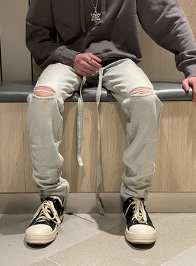 FOG高品质6TH浅蓝色破洞飘带修身小直筒做旧反水洗侧拉链牛仔裤潮