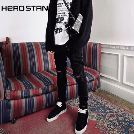 #HS22SS DENIM SLIM JEANS破坏刀割破洞修身弹力黑色小脚牛仔裤潮