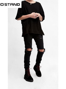 #HS高品质Destroyed Pants百搭纯黑色破洞修身弹力小脚牛仔裤男潮