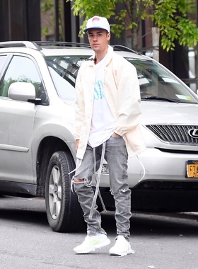 高品质FOG风格第六季 比伯同款黑灰色破洞侧拉链飘带洗水牛仔裤潮