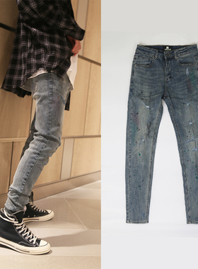 #HS高品质新SKINNY水洗做旧复古泼墨破坏弹力蓝色小脚牛仔裤男潮