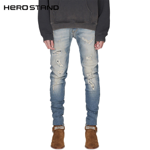 磨损破坏牛仔长裤 弹力小脚不露肉DENIM 做旧蓝修身 潮 高品质22FW