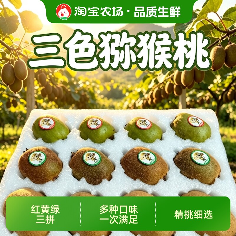 陕西西安周至县红心黄心绿心三拼猕猴桃当季水果礼盒香甜顺丰包邮