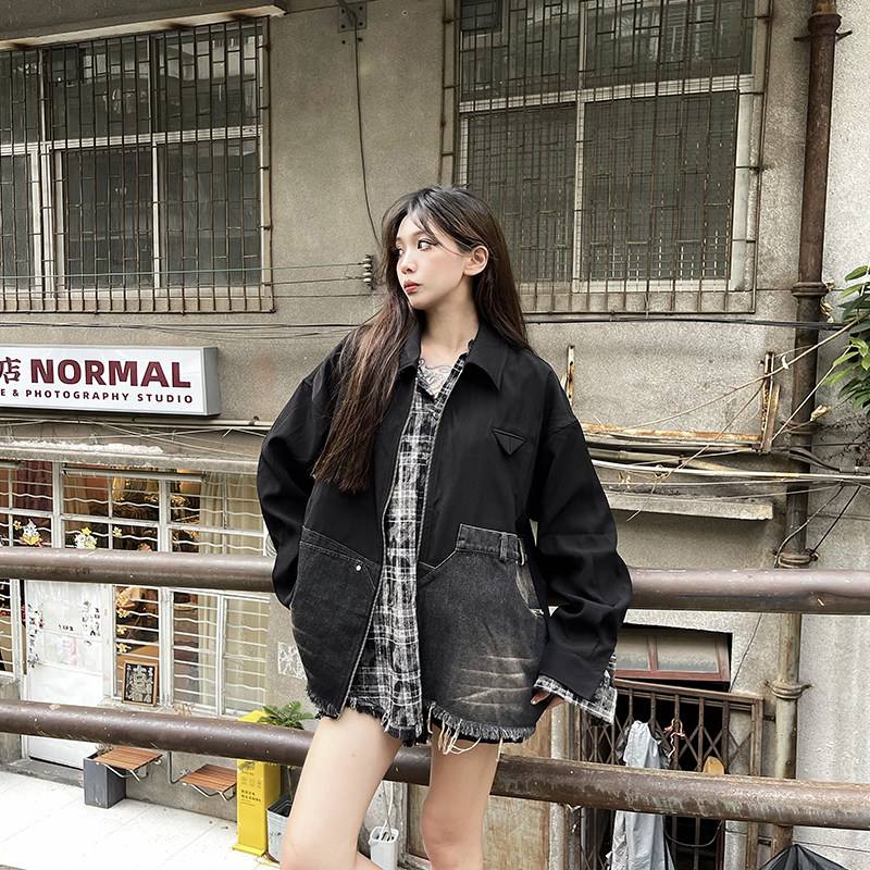 UNO 美式拼接牛仔夹克黑色男女磨破设计感外套宽松ins