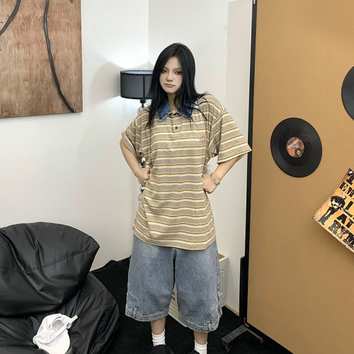 美式复古潮牌条纹牛仔i翻领短袖