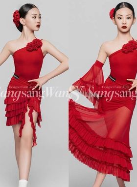 sswang舞服少儿拉丁舞夏精致斜肩花朵吊带摩登舞蛋糕裙头花练习服