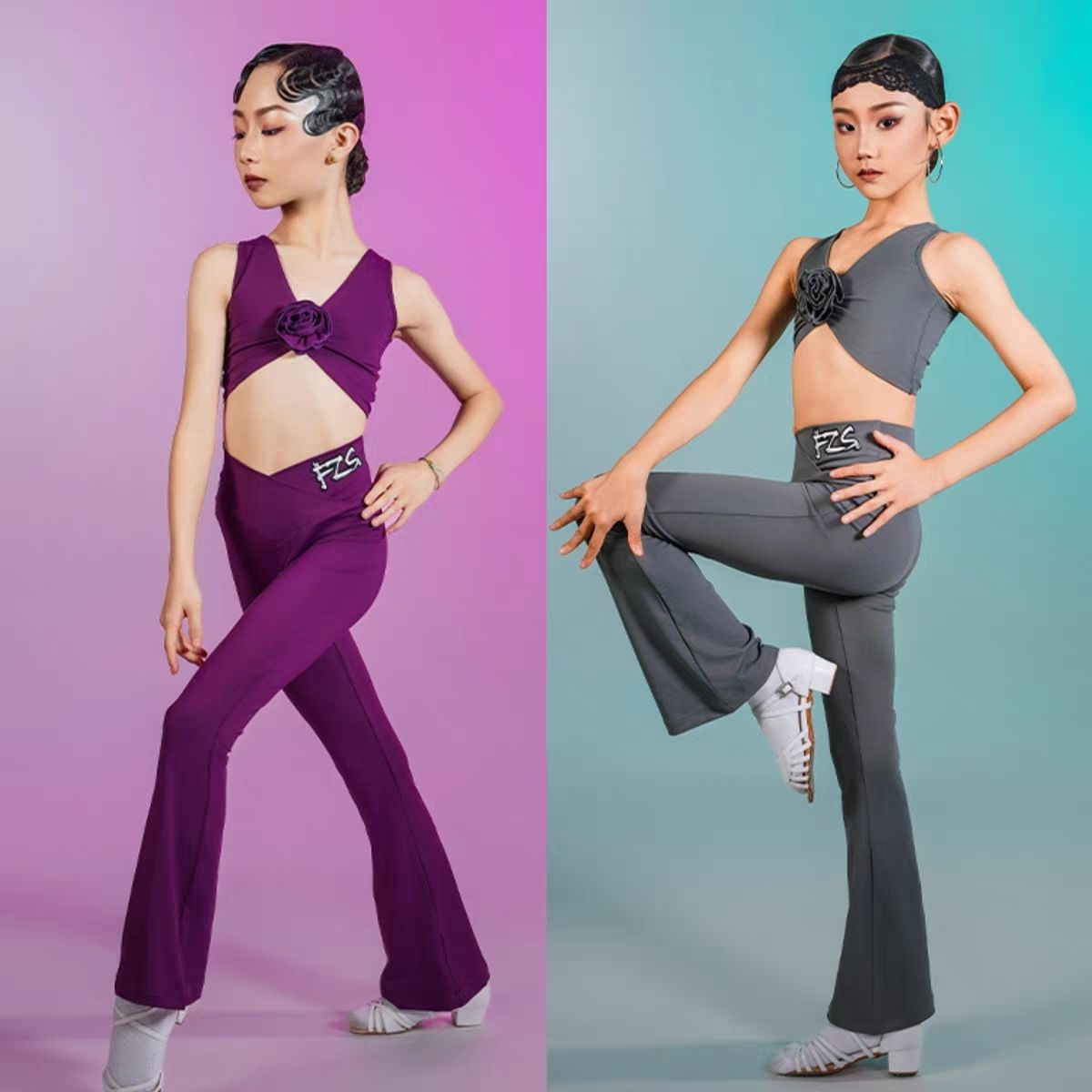 FZS舞服少儿拉丁舞2025春夏v领背心裤子练习服花朵女童跳舞悠悠