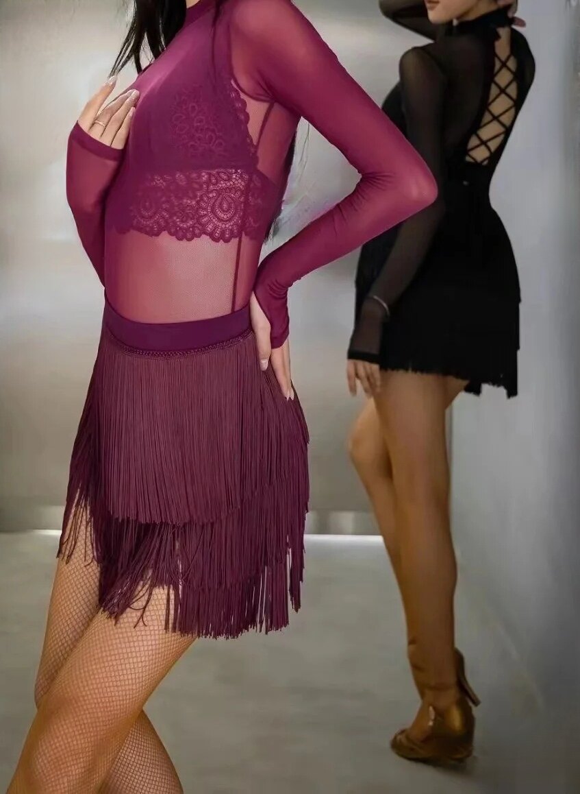 新款赛服性感拉丁舞练功服女士上衣服装新款舞衣舞蹈服网纱体服