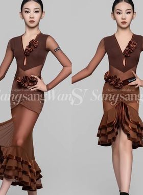 sswang舞服少儿拉丁舞纱网v领超多花长袖摩登舞拉丁三件套练习服