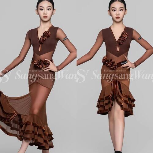 sswang舞服少儿拉丁舞纱网v领超多花长袖摩登舞拉丁三件套练习服