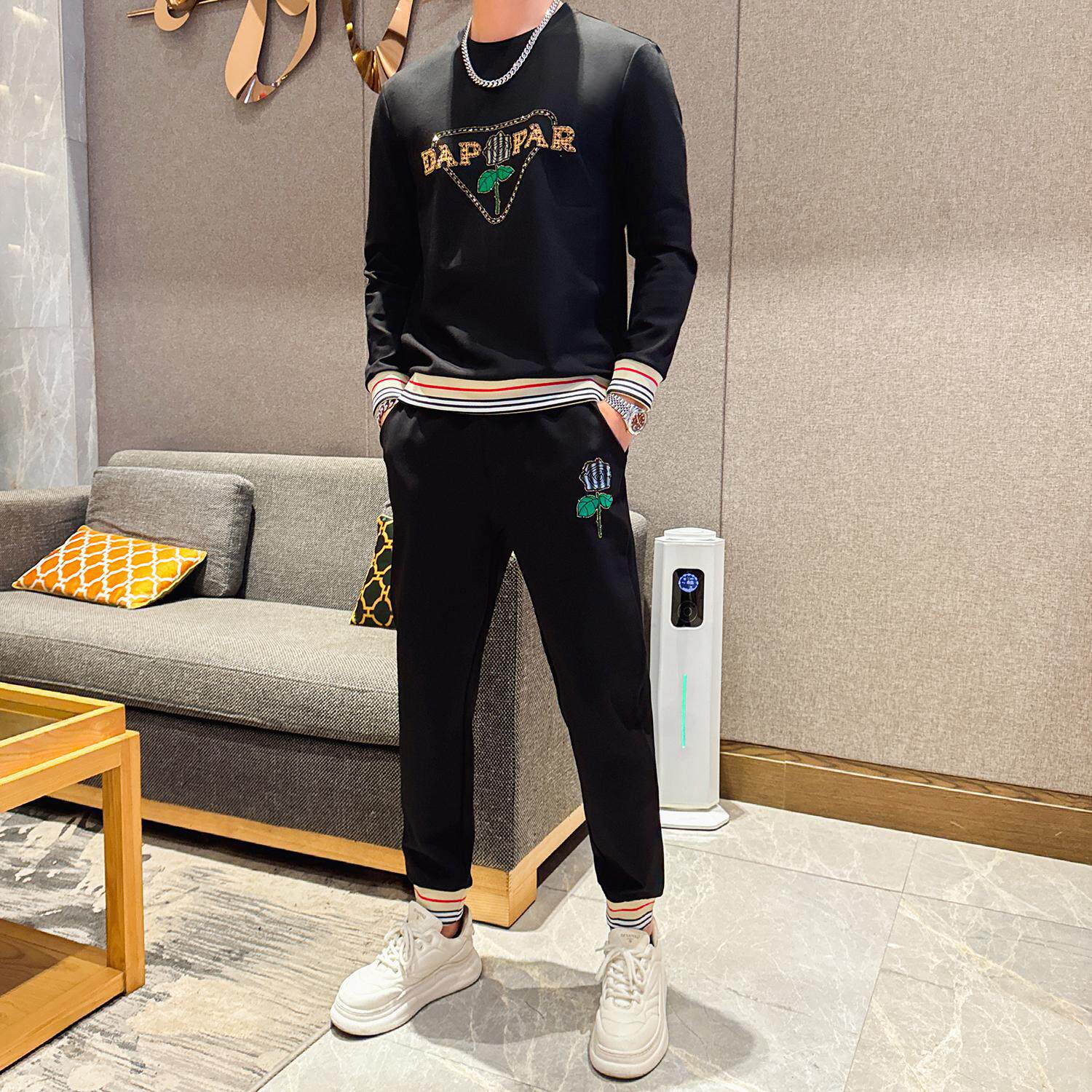 休闲运动服套装男士秋冬季新款宽松圆领韩版时尚青年卫衣卫裤两件