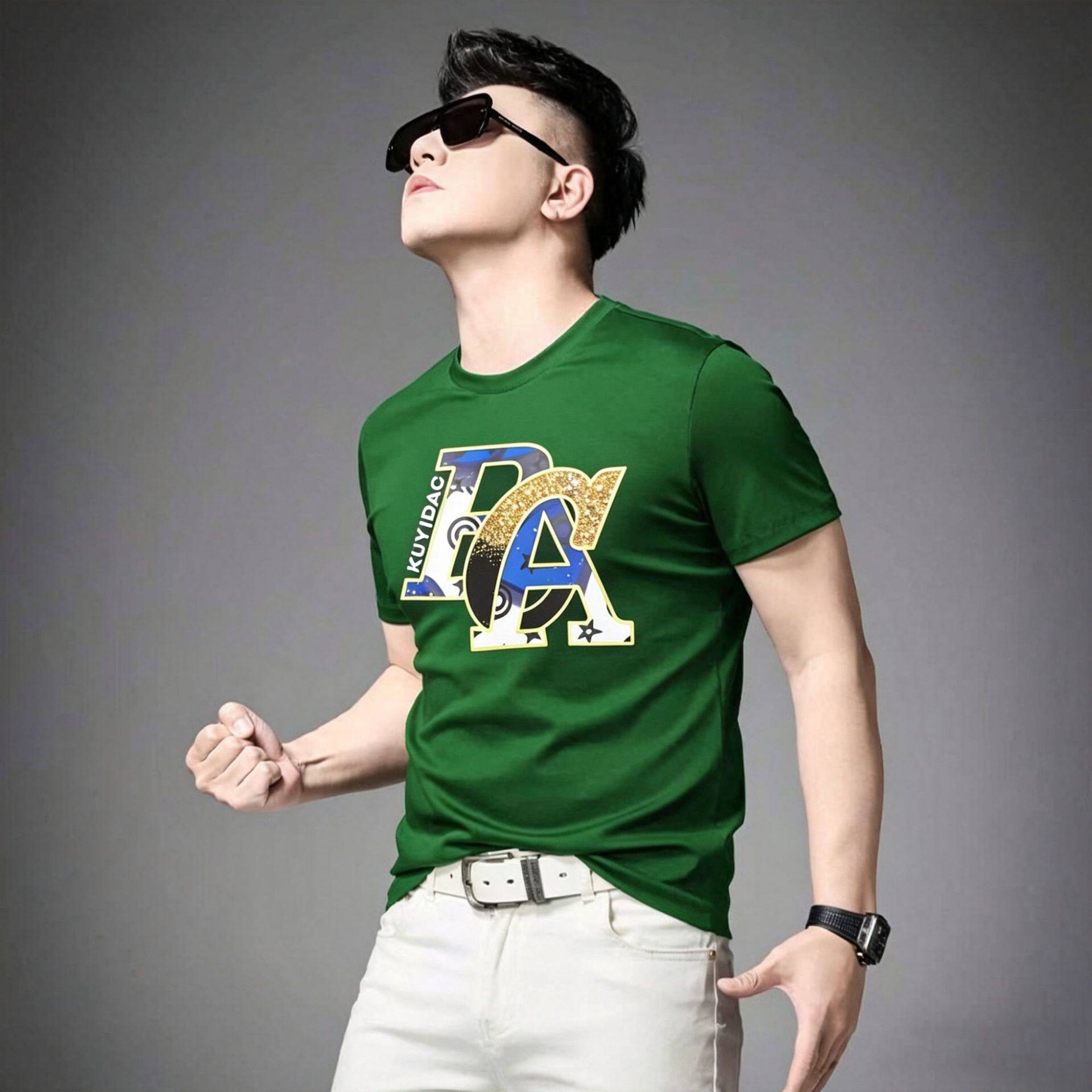 2026夏季新款高端冰丝凉感丝光棉短袖t恤男士潮流圆领体恤衣服男