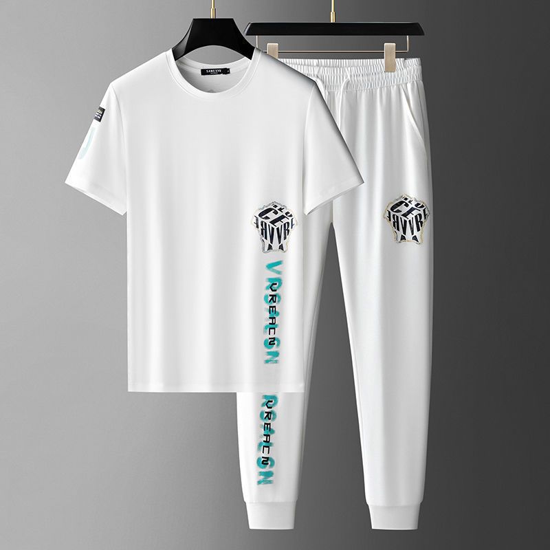 夏季潮男烫钻短袖运动两件套