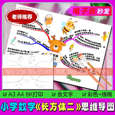 小学数学长方体二手绘思维导图线稿素材手抄报空白半成品描线涂色