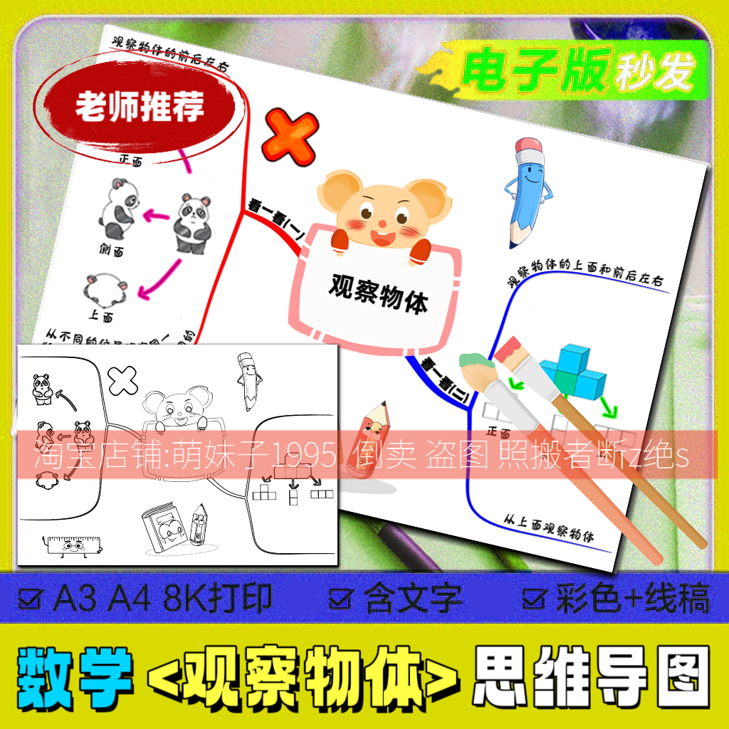 观察物体思维导图手抄报手绘线稿北师大数学一年级下册第二单元