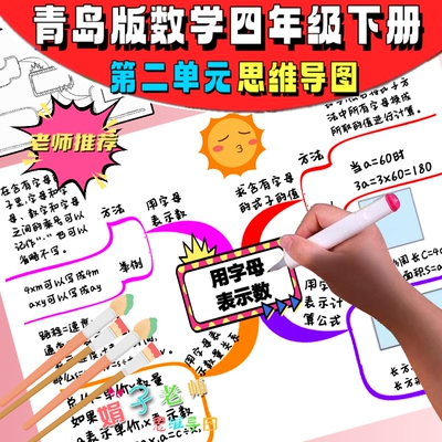 青岛版数学四年级下第二单元用字母表示数手绘思维导图线稿手抄报