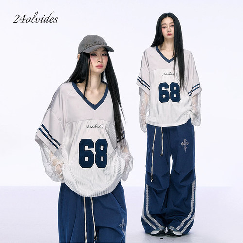 重工刺绣拼接V领球服球衣女