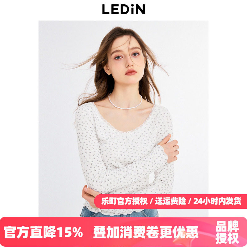 乐町小碎花蕾丝花边长袖T恤秋季新款修身显瘦纯欲性感打底衫