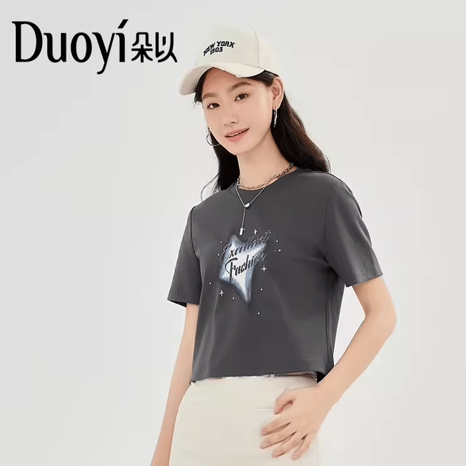 朵以正肩短袖t恤女2025新款夏季女款五角星印花修身遮肉短款上衣