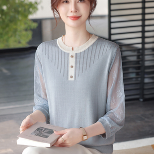 纱袖 套装 T恤洋气2026新款 小衫 中老年女春夏冰丝上衣薄款 妈妈夏装