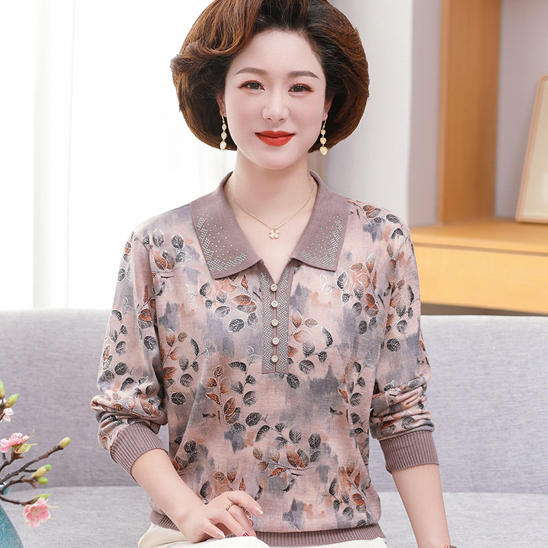 春秋新款50岁长袖打底衫中老年女装宽松翻领T恤妈妈装洋气薄上衣