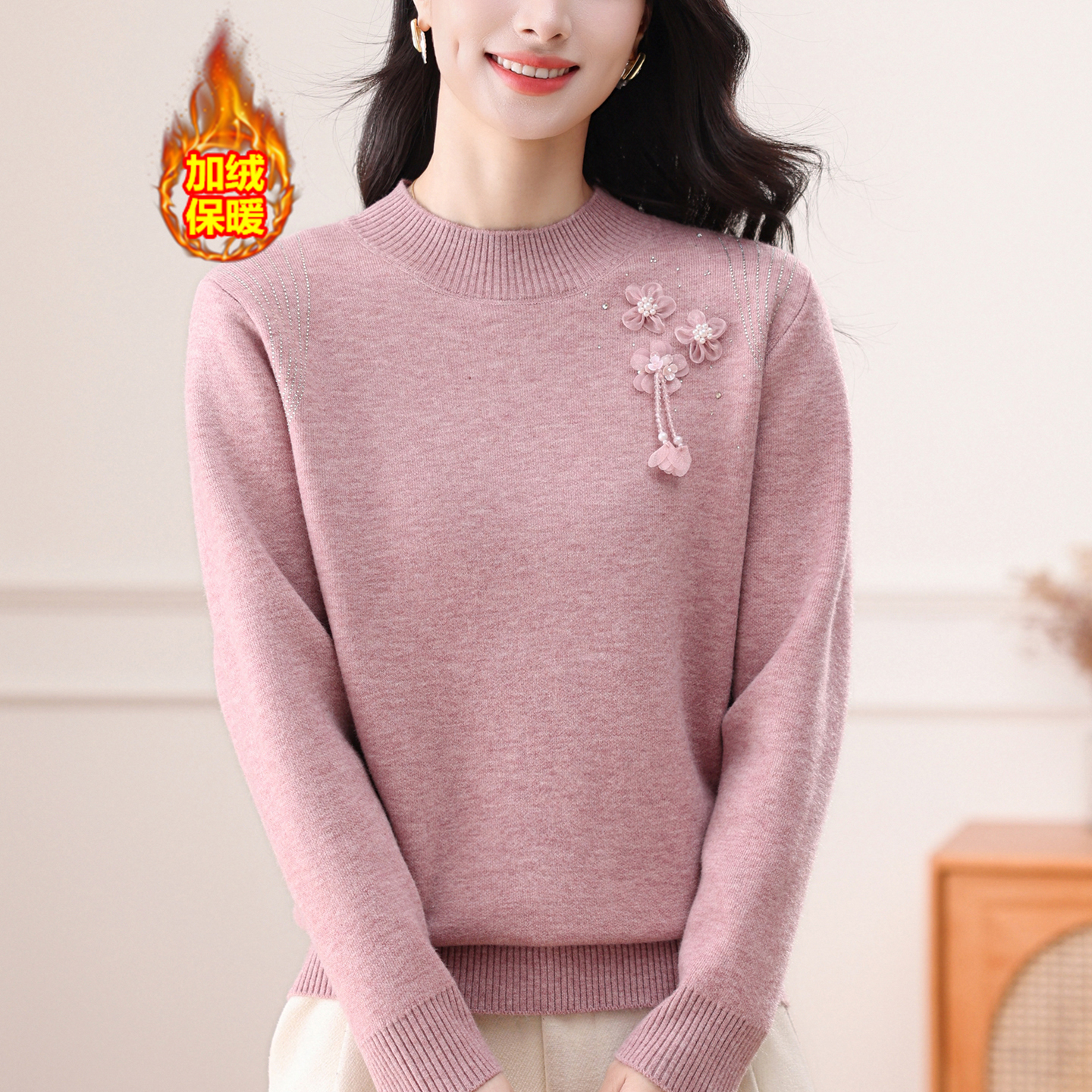 中老年女秋冬加绒加厚气质针织衫