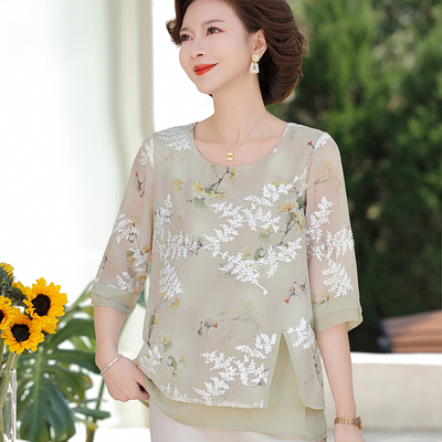 夏季短袖上衣中老年女装雪纺小衫