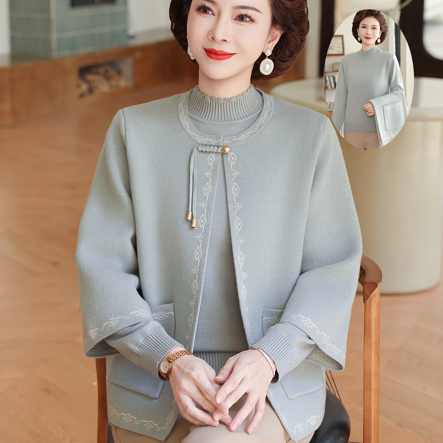新款中老年女春秋洋气开衫外套